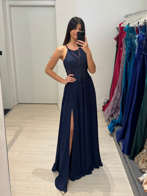Abito cerimonia scollo americano pizzo e strass