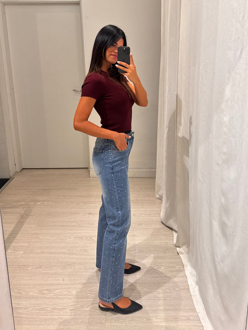 Jeans gamba larga total strass