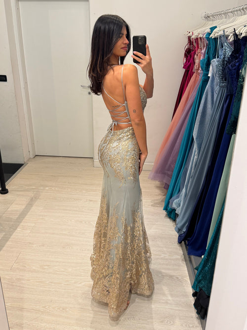 Abito cerimonia sirena paillettes e tulle