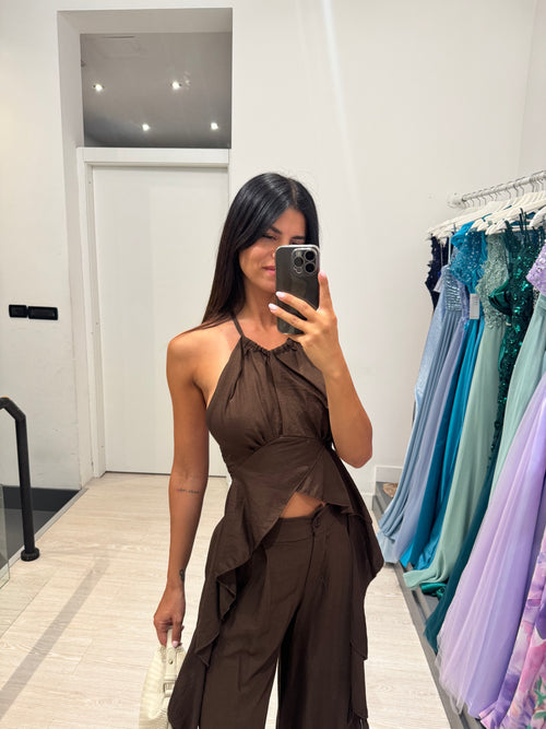 Completo lino top fasce e pantalone