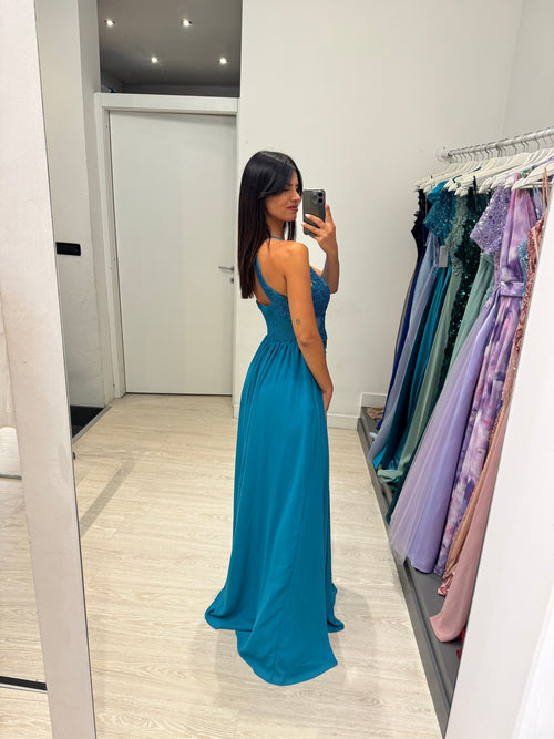 Abito cerimonia scollo americano pizzo e strass