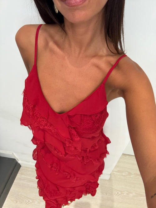 Vestito lungo balze inserti pizzo