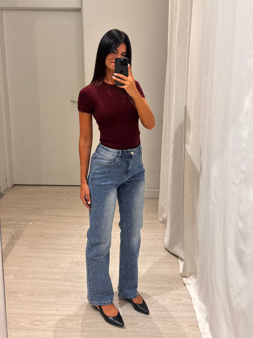 Jeans gamba larga total strass
