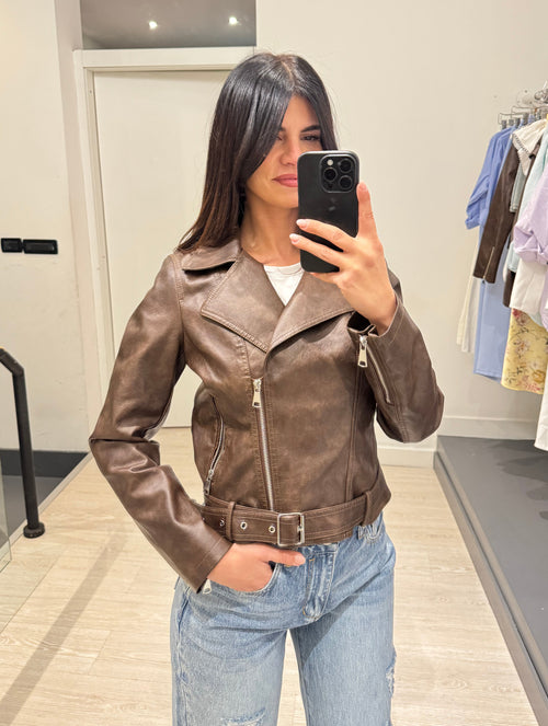 Giacca biker ecopelle con cintura