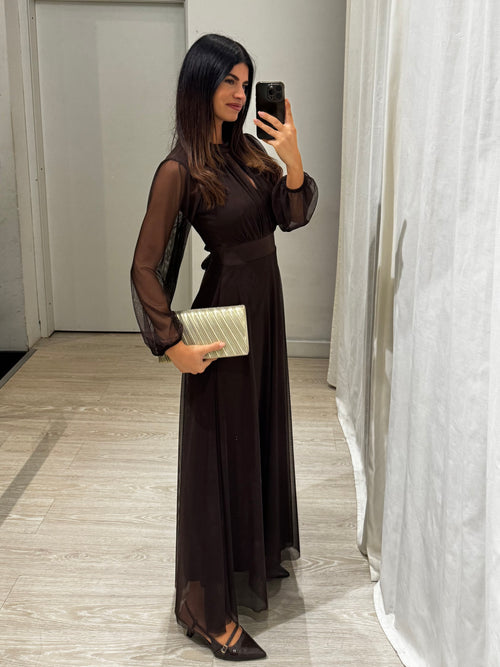 Vestito lungo Giulia tulle scollo americano manica lunga