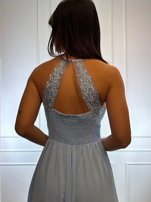 Abito cerimonia scollo americano pizzo e strass