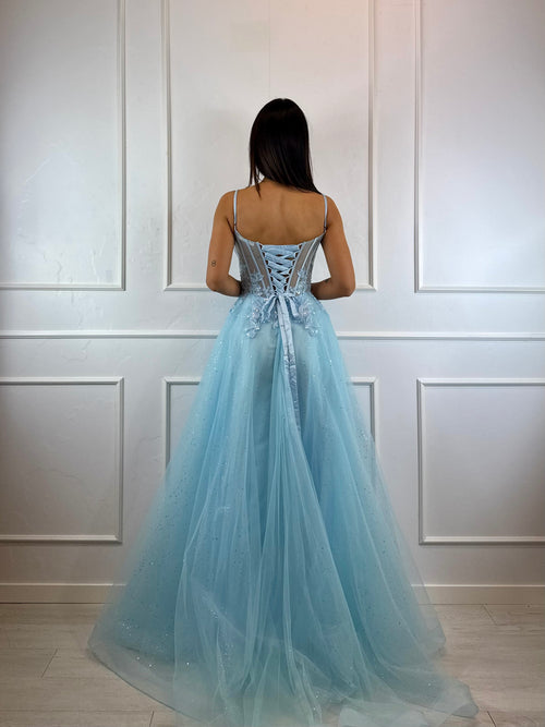 Abito cerimonia corpetto pizzo gonna brilli tulle
