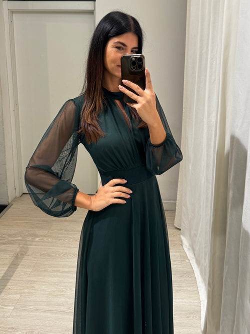 Vestito lungo Giulia tulle scollo americano manica lunga