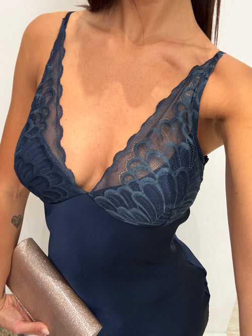 Abito cerimonia satin con coppe in pizzo