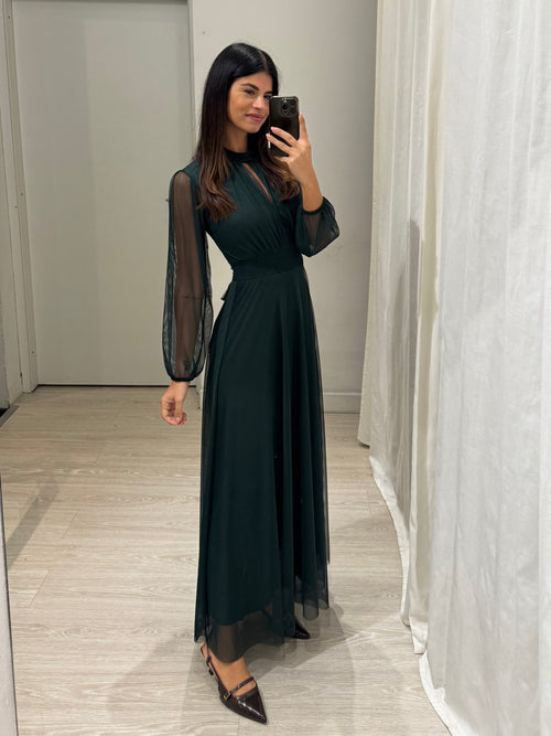 Vestito lungo Giulia tulle scollo americano manica lunga