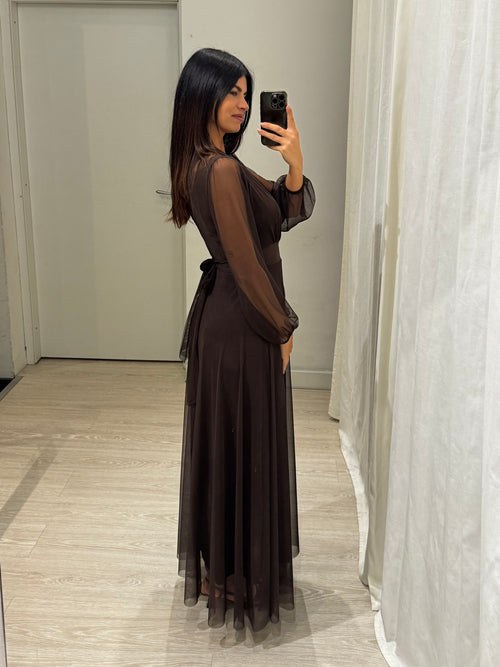 Vestito lungo Giulia tulle scollo americano manica lunga