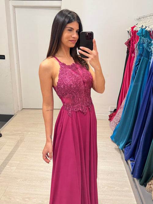 Abito cerimonia scollo americano pizzo e strass