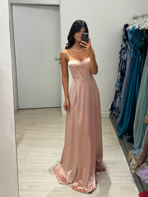 Abito cerimonia raso corsetto intrecciato dietro
