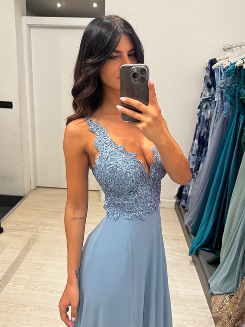 Abito cerimonia eva spacco corpetto pizzo e strass