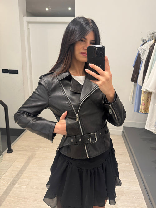 Giacca chiodo ecopelle con cintura