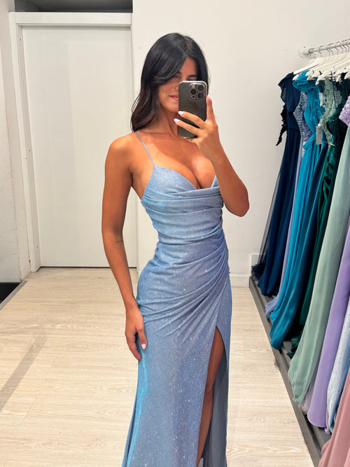 Abito cerimonia sirena Lurex con drappeggio