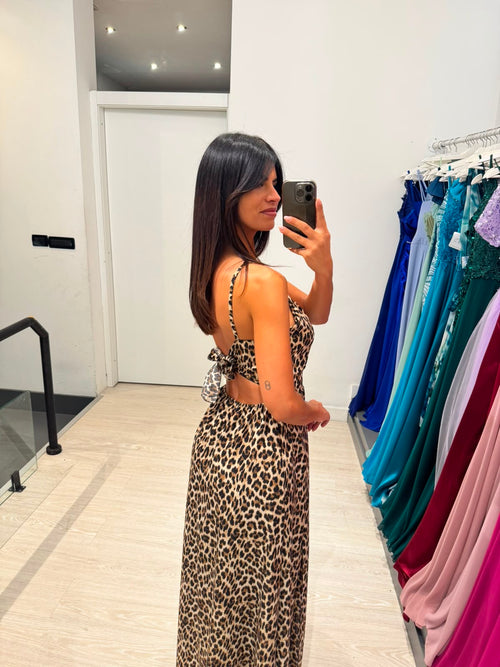 Vestito lungo maculato fiocco schiena