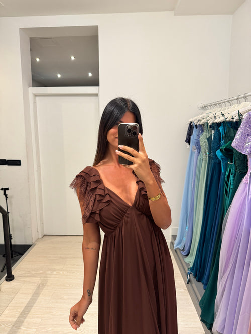Vestito lungo manica volant con pizzo