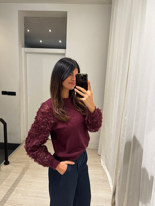 Maglia girocollo maniche inserti fiori