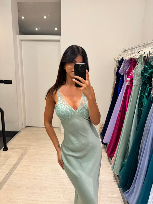 Abito cerimonia satin con coppe in pizzo