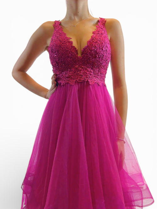 Abito cerimonia corpetto pizzo e balze