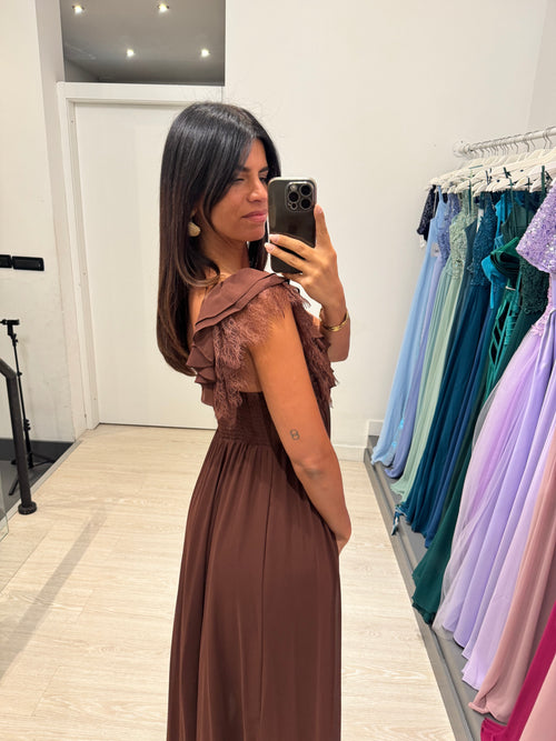 Vestito lungo manica volant con pizzo