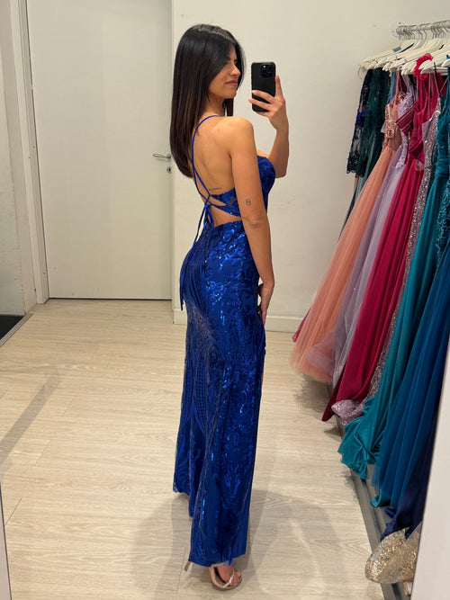 Abito cerimonia sirena damascato paillettes spacco