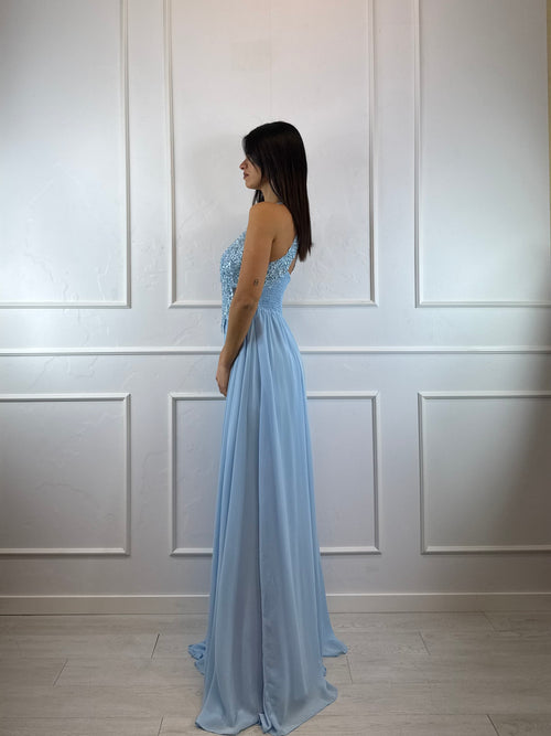 Abito cerimonia scollo americano pizzo e strass