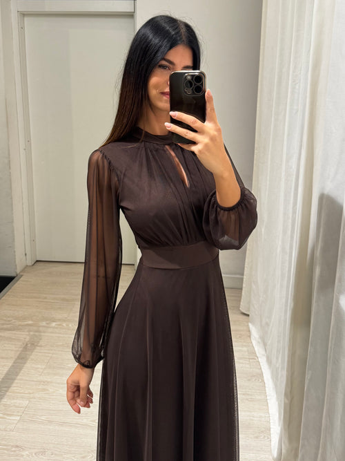Vestito lungo Giulia tulle scollo americano manica lunga