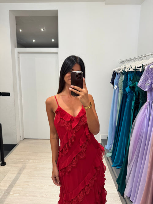 Vestito lungo balze inserti pizzo
