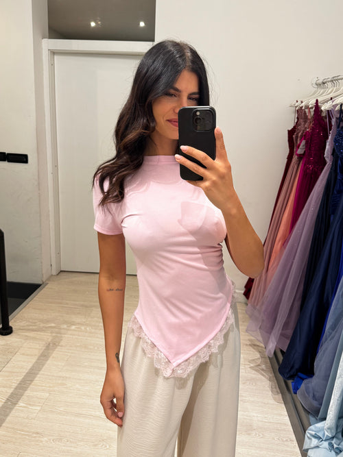 T-shirt girocollo orlo pizzo