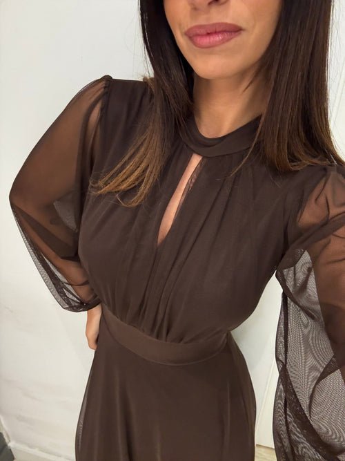 Vestito lungo Giulia tulle scollo americano manica lunga