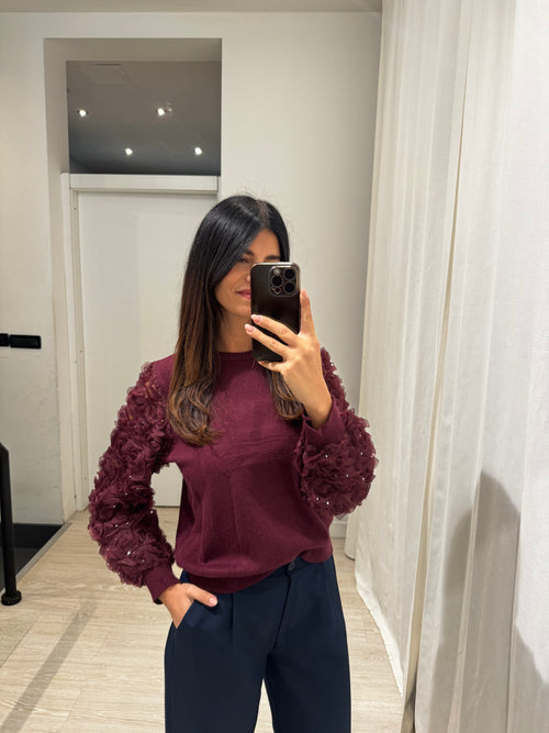 Maglia girocollo maniche inserti fiori