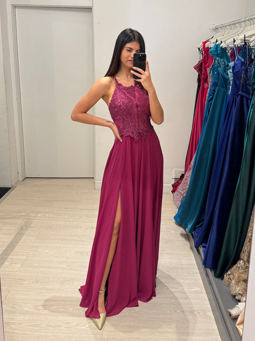 Abito cerimonia scollo americano pizzo e strass