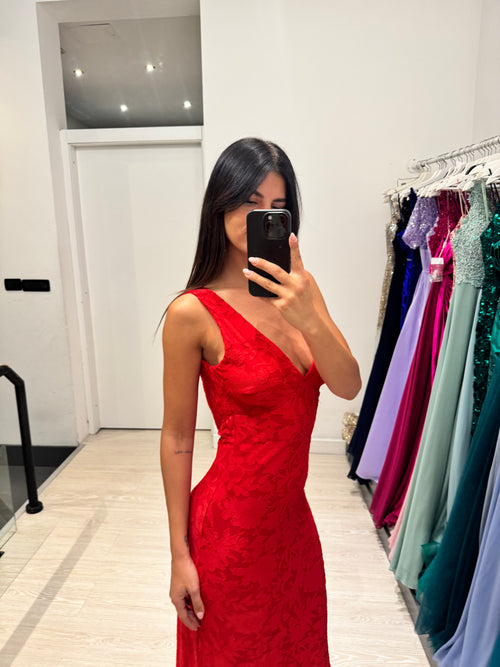 Vestito lungo fiori rilievo scollo V