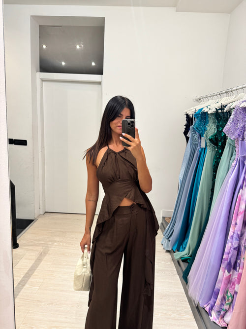 Completo lino top fasce e pantalone