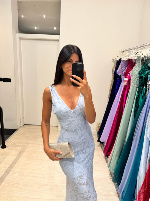 Vestito lungo fiori rilievo scollo V