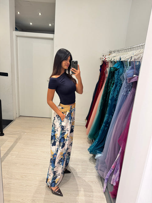 Pantalone palazzo fiori e cintura