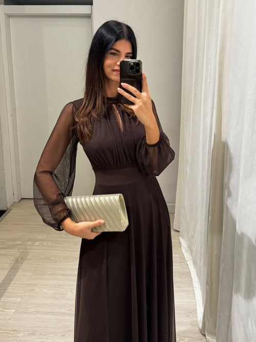 Vestito lungo Giulia tulle scollo americano manica lunga