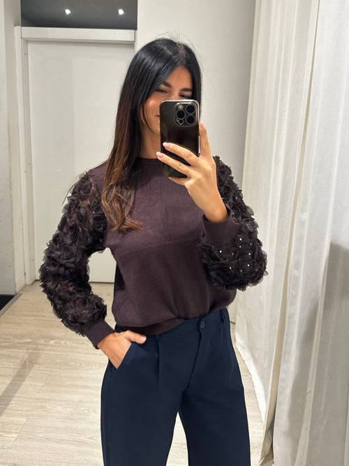 Maglia girocollo maniche inserti fiori