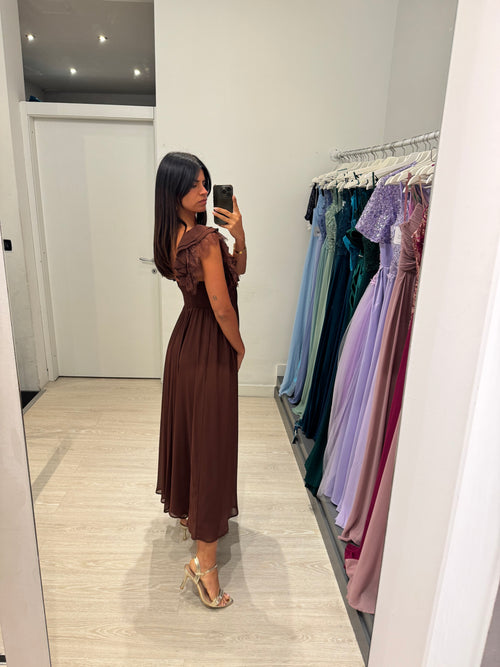 Vestito lungo manica volant con pizzo