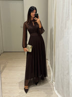 Vestito lungo Giulia tulle scollo americano manica lunga