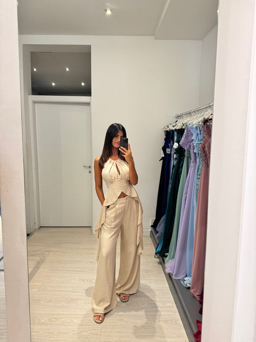 Completo lino top fasce e pantalone