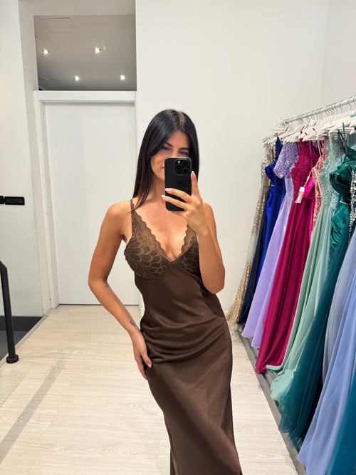 Abito cerimonia satin con coppe in pizzo