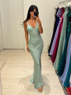 Abito cerimonia satin con coppe in pizzo