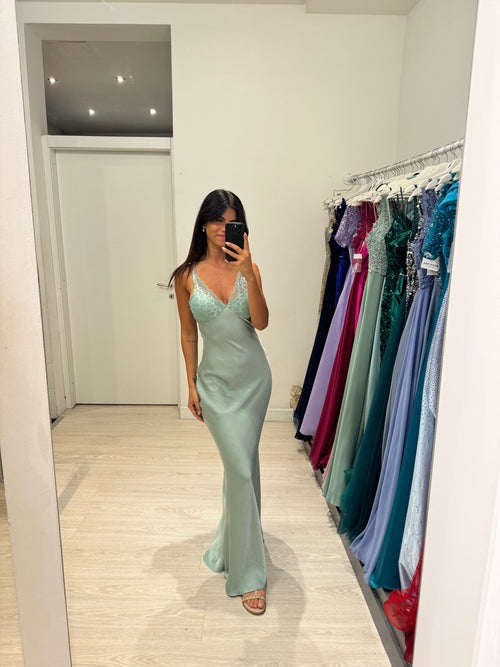 Abito cerimonia satin con coppe in pizzo