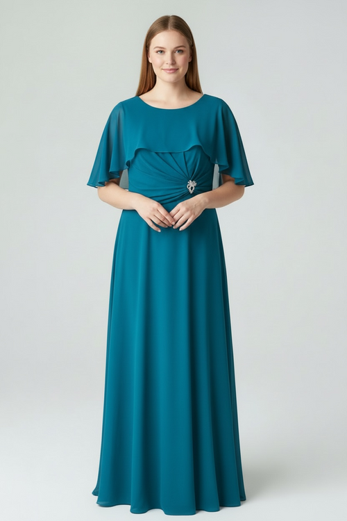 Abito cerimonia maxi girocollo mantella e spilla