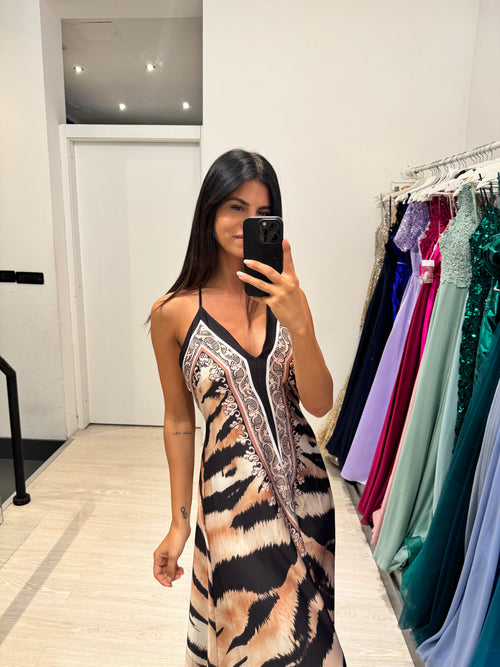 Vestito lungo tigrato scollo V schiena
