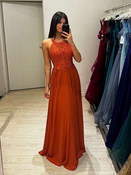 Abito cerimonia scollo americano pizzo e strass