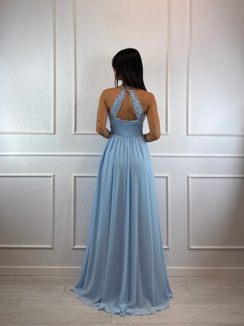 Abito cerimonia scollo americano pizzo e strass